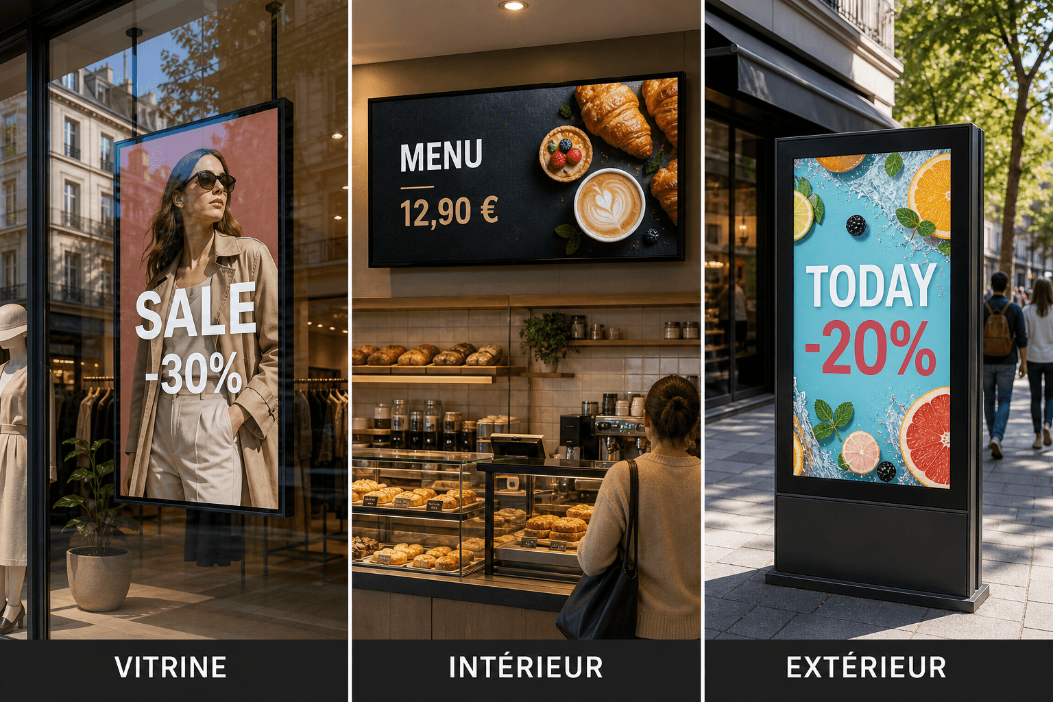 Comparaison de trois usages de l’affichage dynamique : écran de vitrine, écran intérieur et écran extérieur