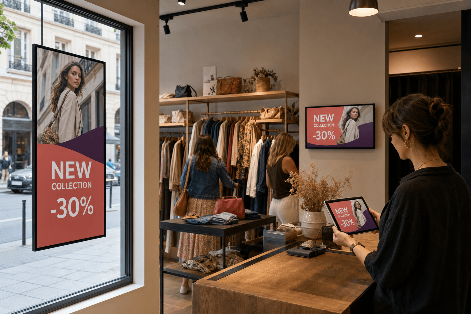 Commerçante pilotant une campagne publicitaire diffusée simultanément sur un écran de vitrine et un écran intérieur