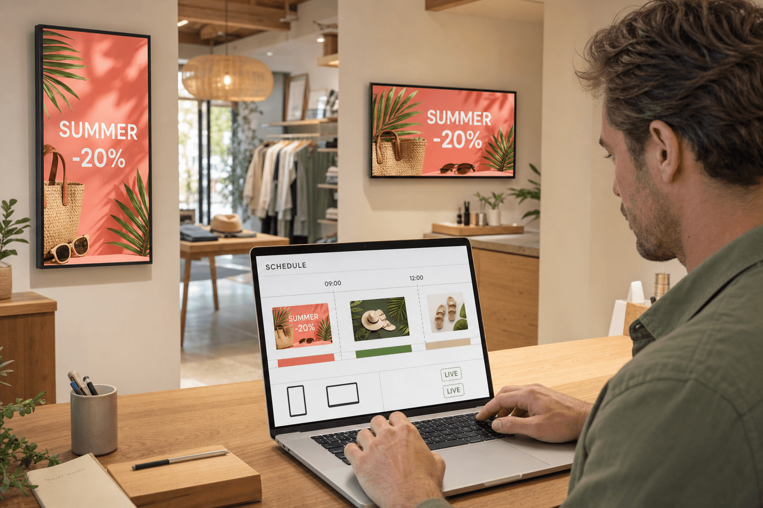 Commerçant programmant une campagne publicitaire sur ordinateur avant sa diffusion sur plusieurs écrans du magasin