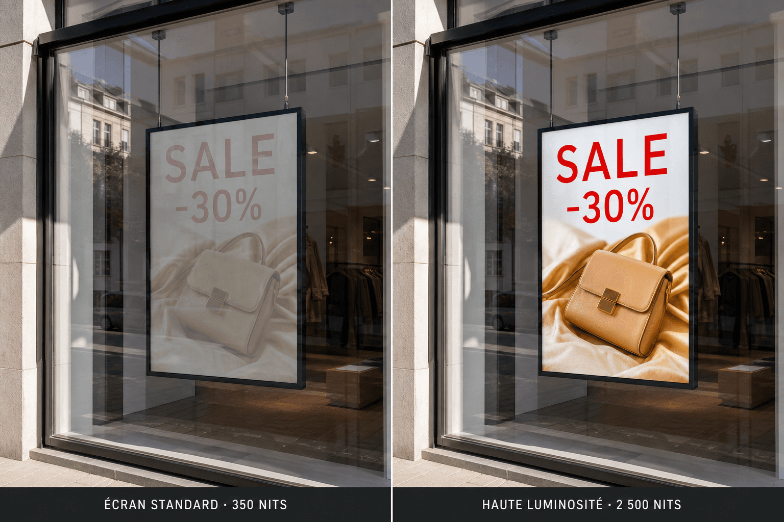 Comparaison en plein soleil entre un écran standard de 350 nits presque illisible et un écran de vitrine haute luminosité de 2 500 nits