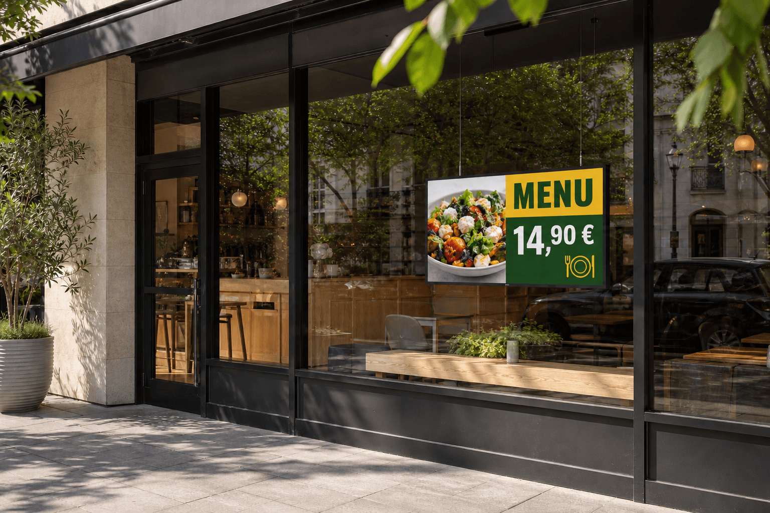 Écran d’affichage dynamique horizontal diffusant une publicité pour un menu dans la vitrine ensoleillée d’un restaurant