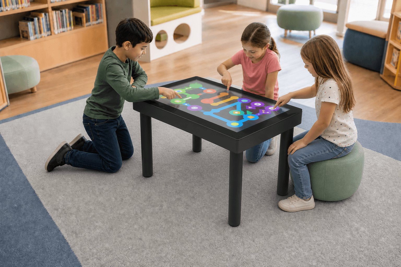 Des enfants jouent ensemble sur la table tactile CLEA