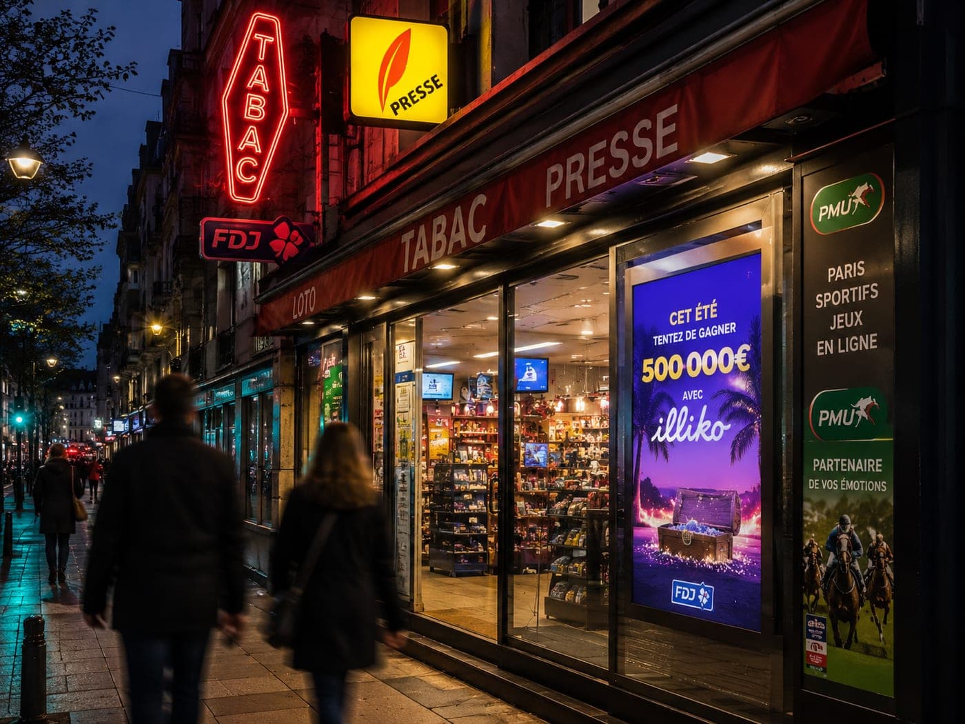 Devanture d’un bureau de tabac avec écran dynamique FDJ et PMU, à la tombée du jour