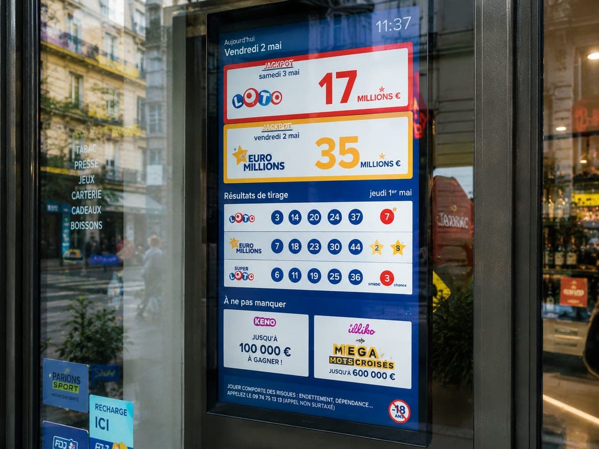 Écran en vitrine affichant jackpots et résultats de tirage FDJ, mis à jour automatiquement